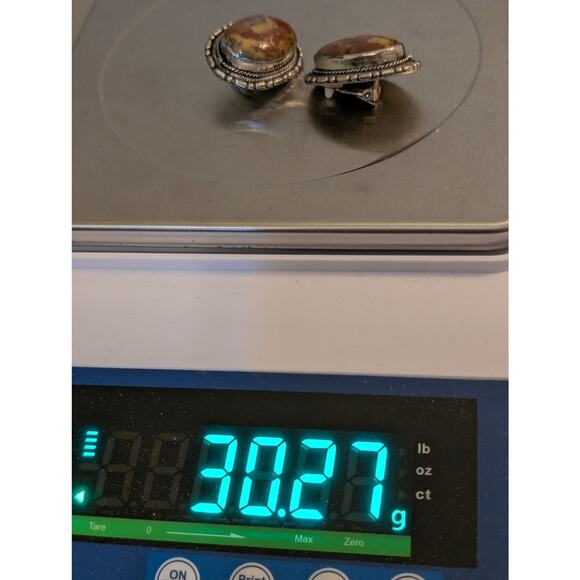 Vintage Large Chunky Bezel Set Jasper Stone Silver Tone Clip On Earrings - Picture 4 of 7